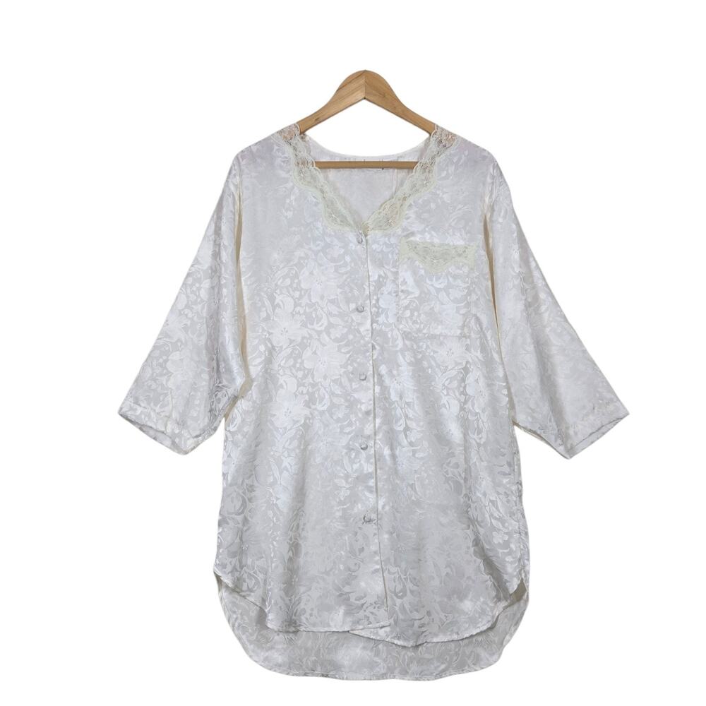 Adonna Satin Gown Sleep Shirt sz M Ivory Floral Cream Lace Accents Fairycore